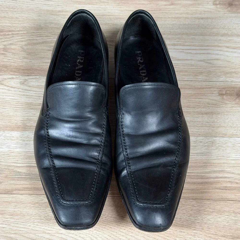 Prada Loafers Mens Size 10 Black Leather Slip On Square Apron Toe Dress Shoes - Picture 3 of 9